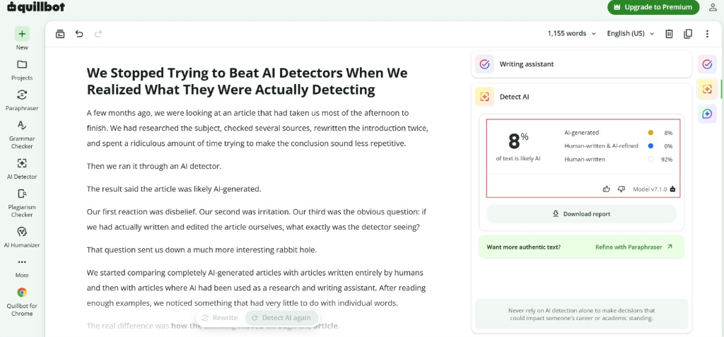 QuillBot AI Content Detector Test Result 8% AI Generated